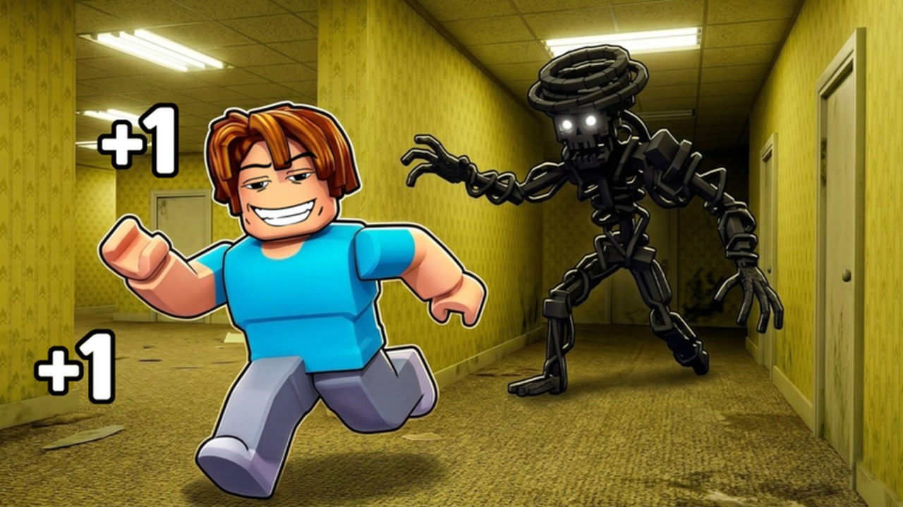 Roblox avatar sprinting a yellow Backrooms hallway while a ringed entity chases in Speed Verity Backroom Escape